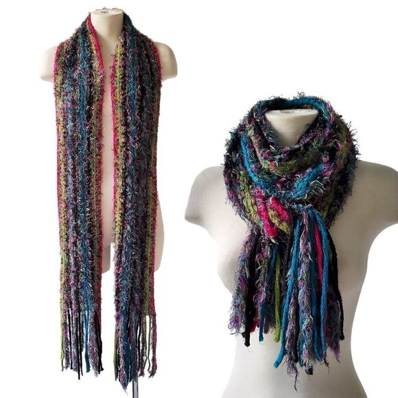 Eyelash Yarn Long Scarf Chartreuse / Pink / Turquoise / Purple  86" x 7" - Picture 1 of 11